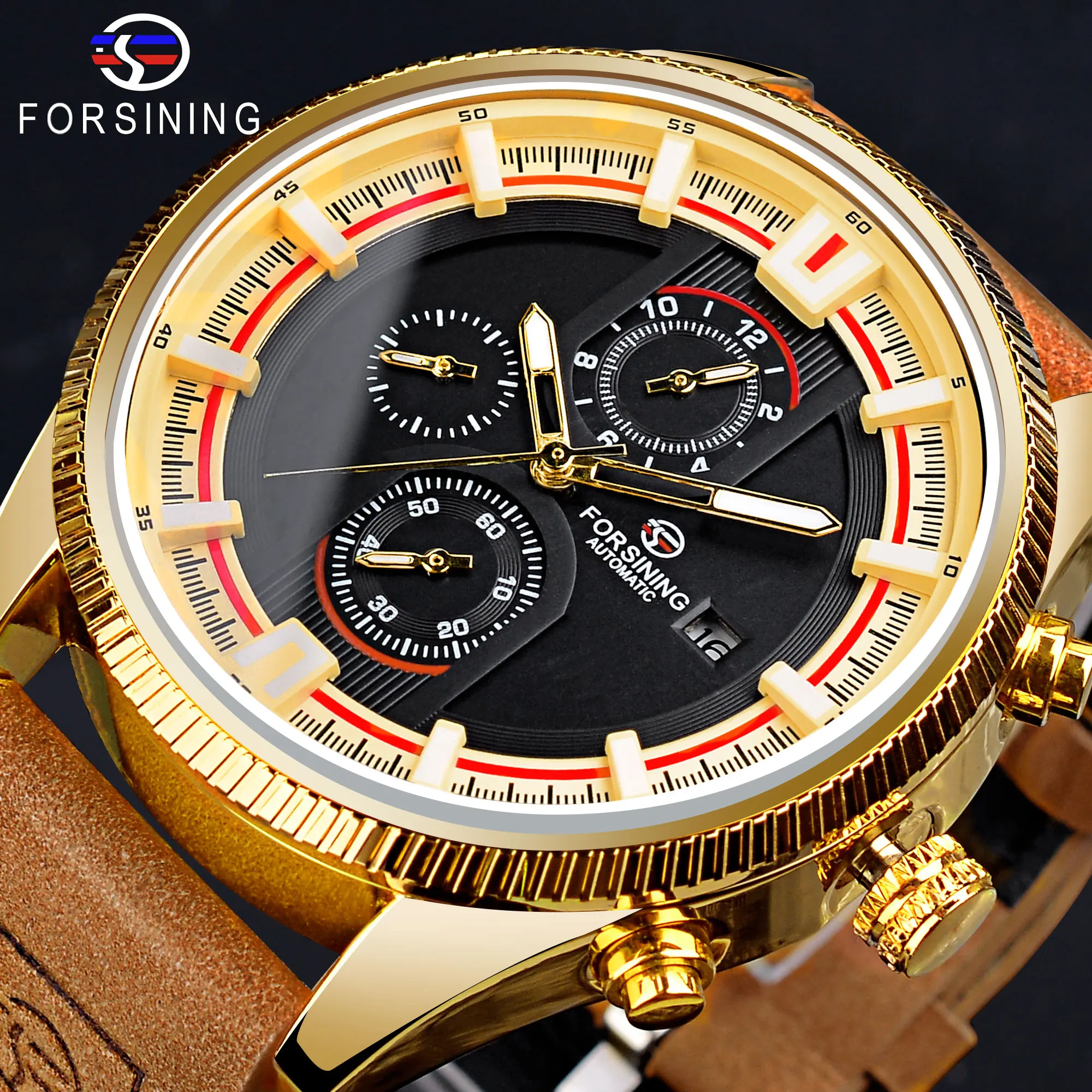 

Forsining Golden Luxury Automatic Wristwatch Men Waterproof Military Leather Watches Fashion Sport Date Clock Relogio Masculino