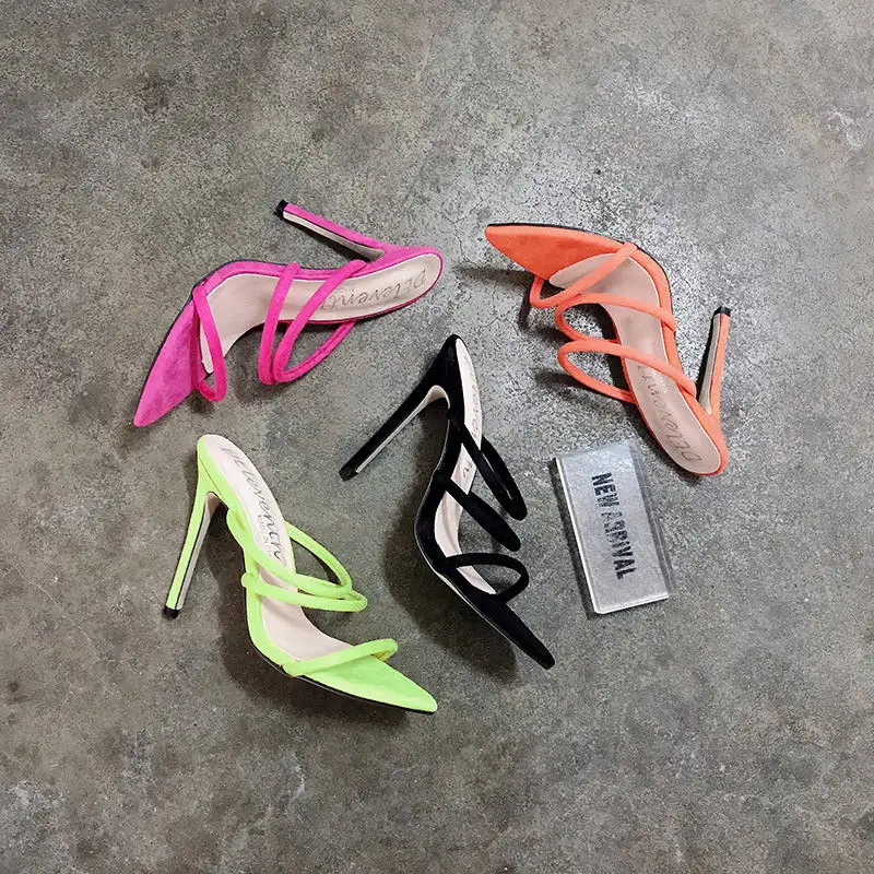 2020 Candy bright color Fashion Thin Belt Women Sandals Thin High Heels Pointed Toes Dance Gladiator Shoes Shallow Party 35-43