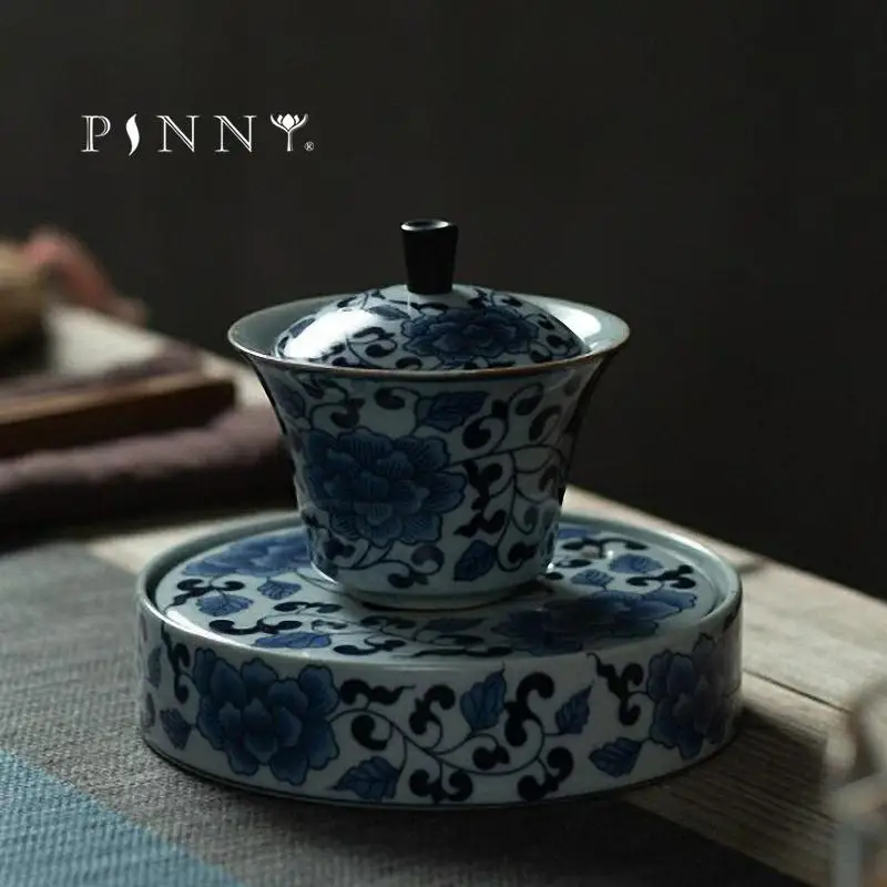 

PINNY Retro Blue And White Porcelain Gaiwan Chinese Kung Fu Tea Tureen Ceramic Tea Bowl Drinkware