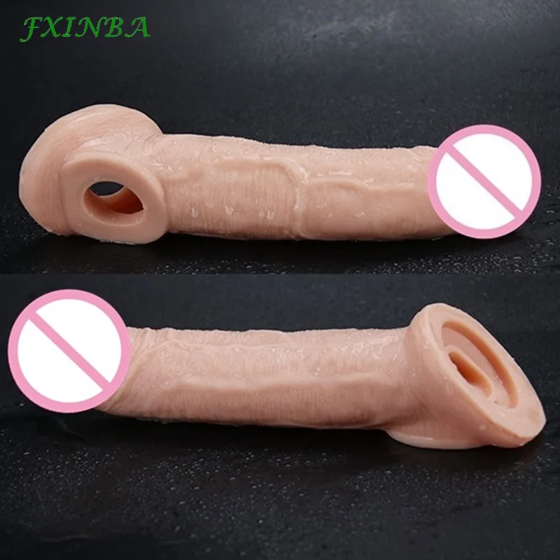 FXINBA 21cm Realistic Penis Sleeve Extender Cock Sleeve Delay Ejaculation Reusable Condom Dick Enlargement Adult Sex Toy For Men