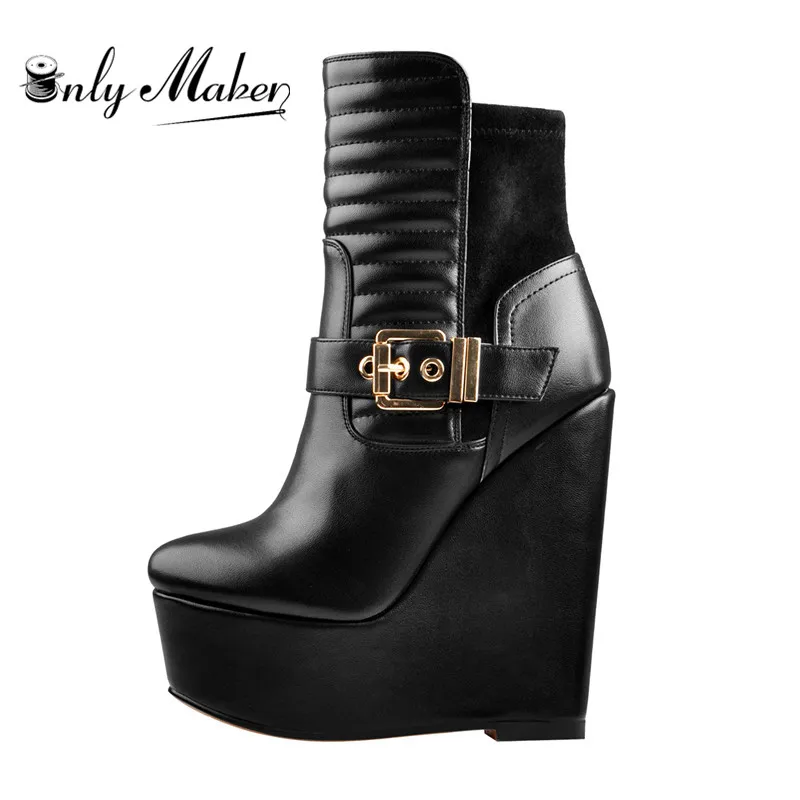 Onlymaker Women Wedge 16CM High Heels Ankel Boots Soft Leather For Party Dress Lady Zipper boots Plus size For Winter
