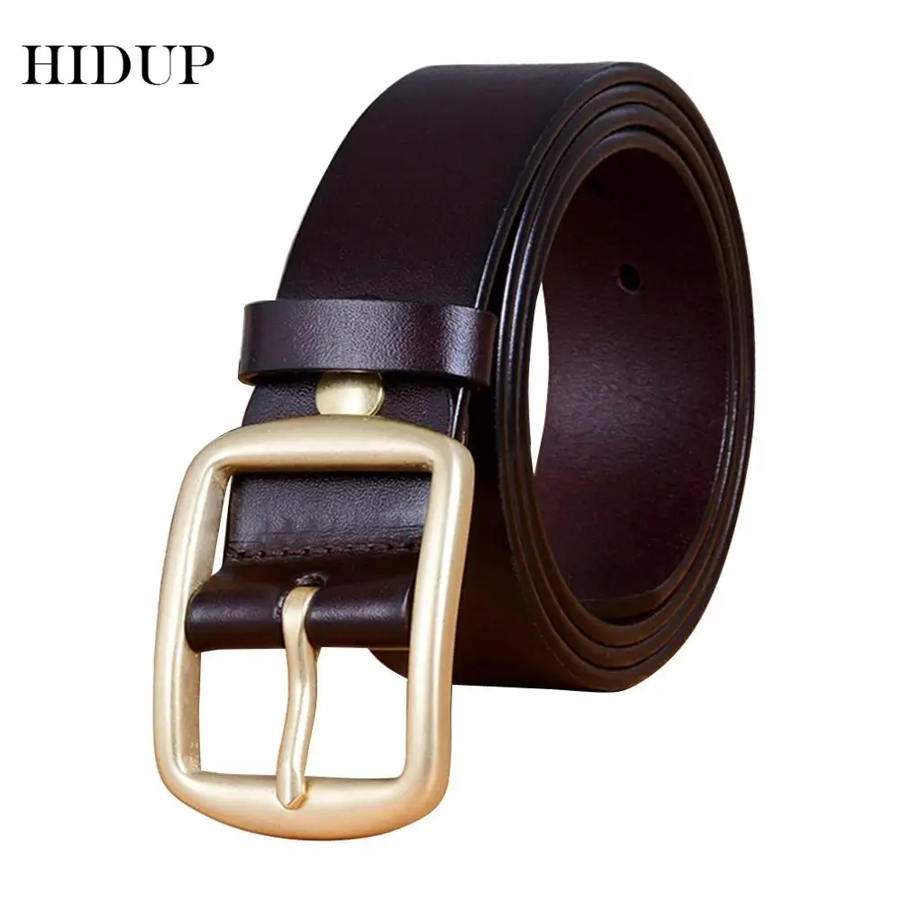 HIDUP Top Quality Design Cow Skin Genuine Leather Belt Brass Pin Buckle Metal Belts Men's Casual Style Jeans Accessories NWWJ086