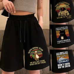 High Waist Shorts Women Wide-Leg Loose Casual Female Summer Elastic Waist Drawstring with Pocket Sports Shorts Printed Clothing