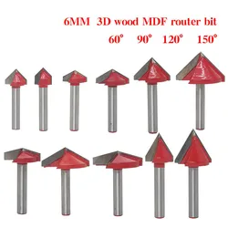 1 sztuk 6mm V Bit spiek pełnowęglikowy CNC frez trzpieniowy stal wolframowa frez do drewna 3D drewno MDF frez 60 90 120 150 stopni