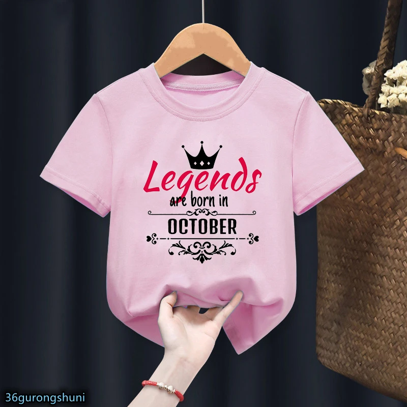 Kaus Gambar Cetak Digital Ulang Tahun Legends Are Born Januari-desember T-Shirt Anak Perempuan Imut Atasan Lengan Pendek Warna Merah Muda Anak-anak Mode Musim Panas