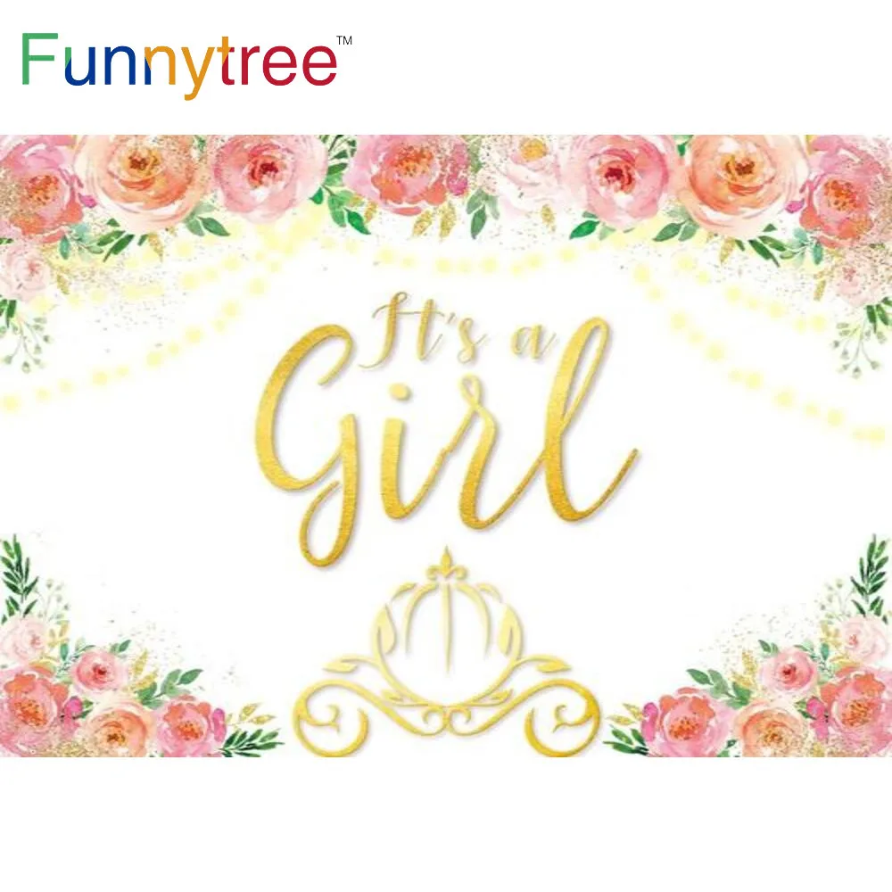 Funnytree Girl Baby Shower Newborn Birthday Party Backdrop Carriage Gold Pink Flowers Leaves Lights Banner Background Props