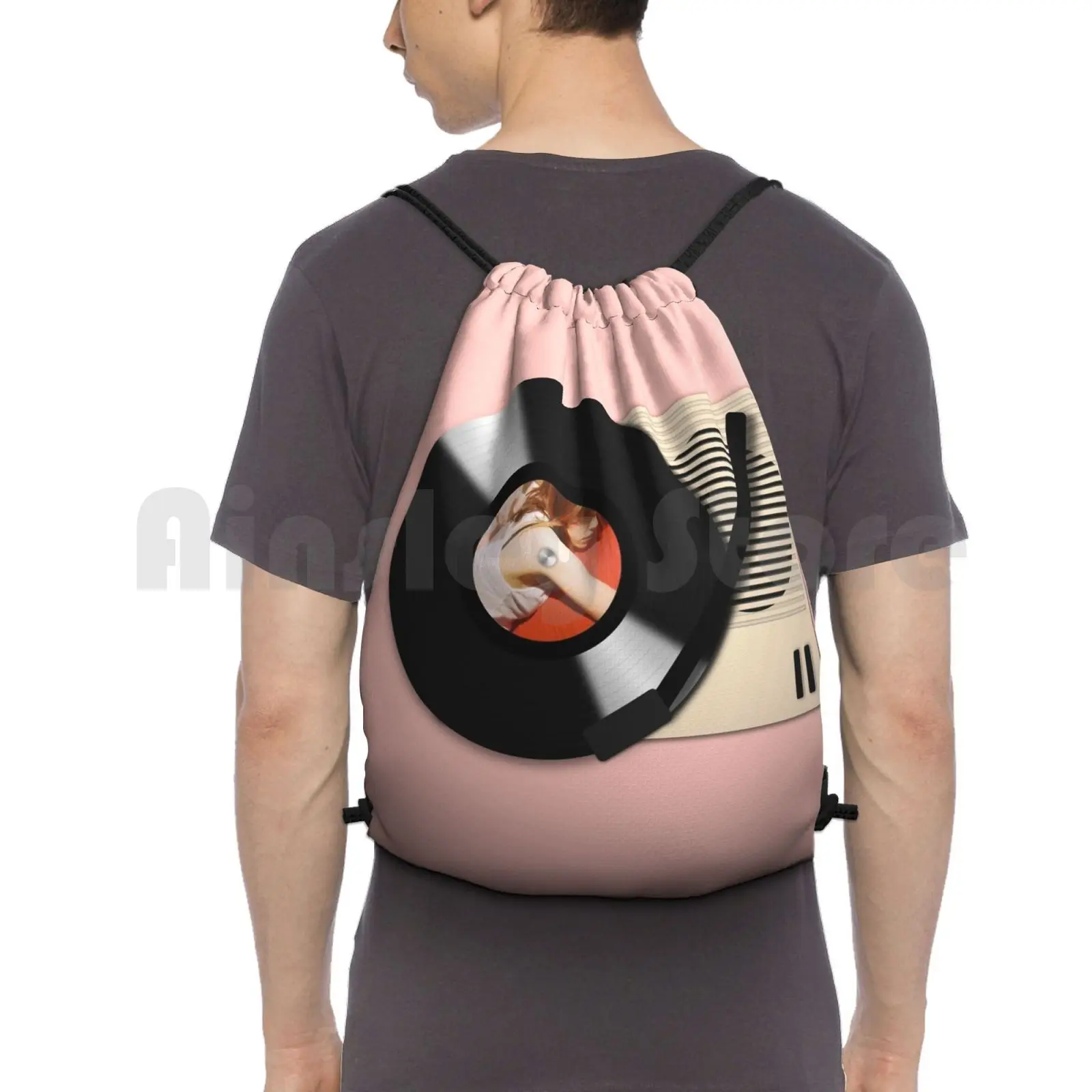 Vinyl Records Player Backpack Drawstring Bag Riding Climbing Gym Bag Vinyl Music Hipster Retro Player Sketch Pink