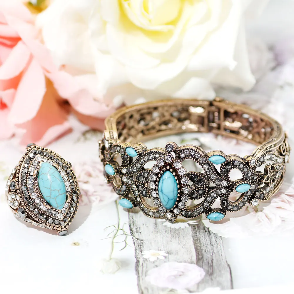 SUNSPICEMS Old Silver Color Turkish Women Bangle Ring Set Natural Stone Vintage Indian Jewelry Ethnic Wedding Cuff Bracelet Ring