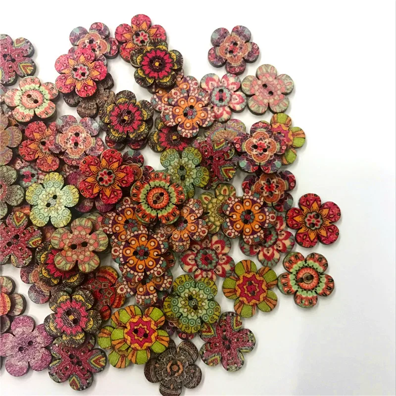 50pcs Flower Natural Buttons Vintage Retro Round Wood Buttons for Craft/sewing DIY Home Textile