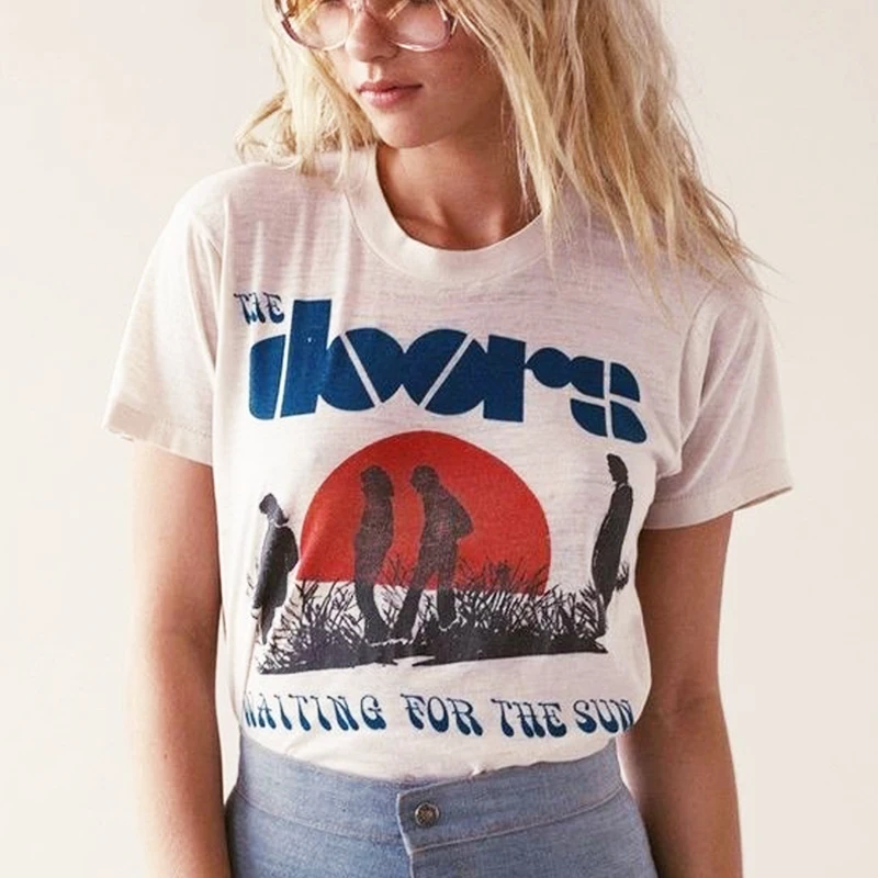 Sunfiz T Shirt Women Doors Sun Print Graphic Tee Kawaii Top Female Clothes Casual Y2k Vintage Aesthetic Streetwear Flora