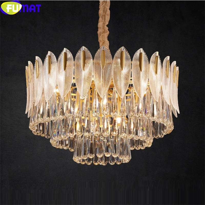 

FUMAT Crystal K9 Leaves Round Pendant Light Luxurious Rectangle Multi Layers Chandeliers Modern Style Copper Frame Lamp European