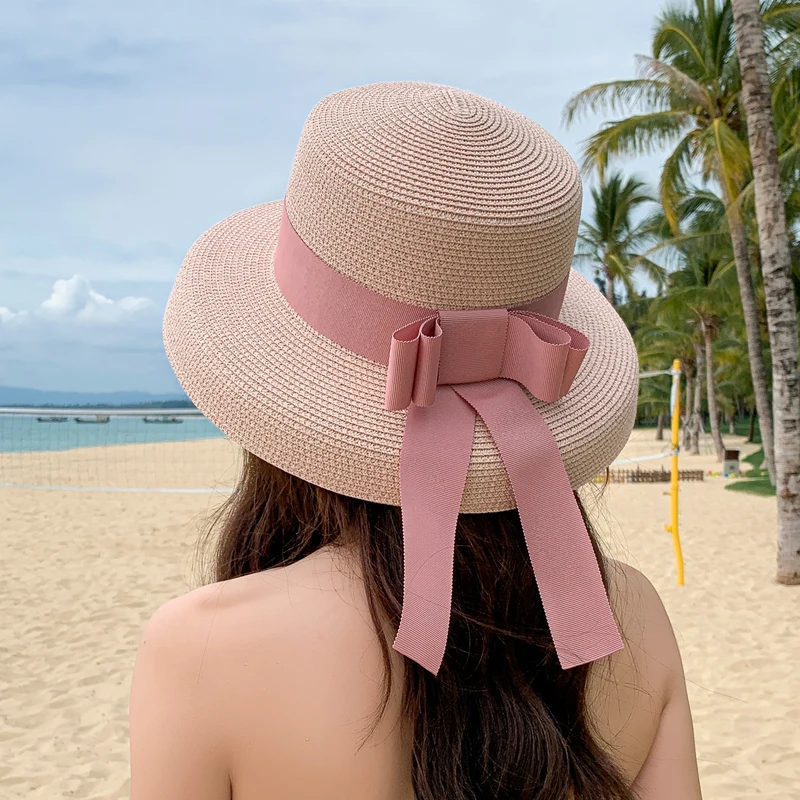 Retro Round Top Straw Hat Ladies Sun Hats Travel Holiday Visor Hats Vintage Women Beach Hat Black And White Wholesale ceremony