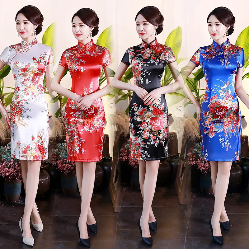 

6XL Flower Women Short Slim Cheongsam Sexy High Split Chinese Traditional Dress Rayon Qipao Vestidos Robe Formal Gowns