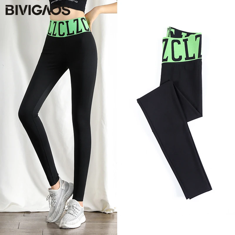 BIVIGAOS Large Letter High Waist Stitching Sharkskin Leggings Women\'s Elastic Autumn Leggings Pants Black Sports Fitness Legging