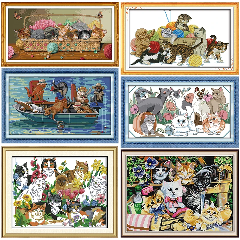 Cats Stamped Cross Stitch Kits Joy Sunday Cohesion Printed 11CT 14CT Counted Cross-stitch Kit Handmade Embroidery Needlework Set