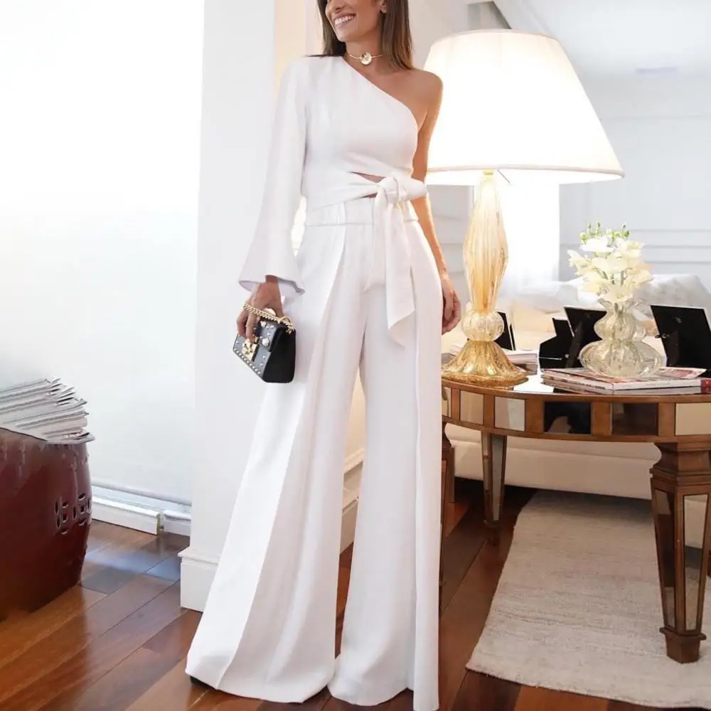 Women Jumpsuits White One Shoulder Full Sleeve Long Pants High Waist Bell Bottom Trousers Elegant For Work Office Jumpsuits Hot