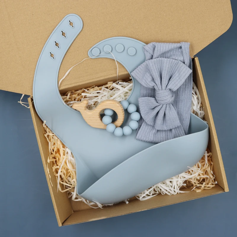 Baby Gift Set Headband Silicone Bib Beech Wood Rattle Elephant Rabbit Teething Toy With Gift Box