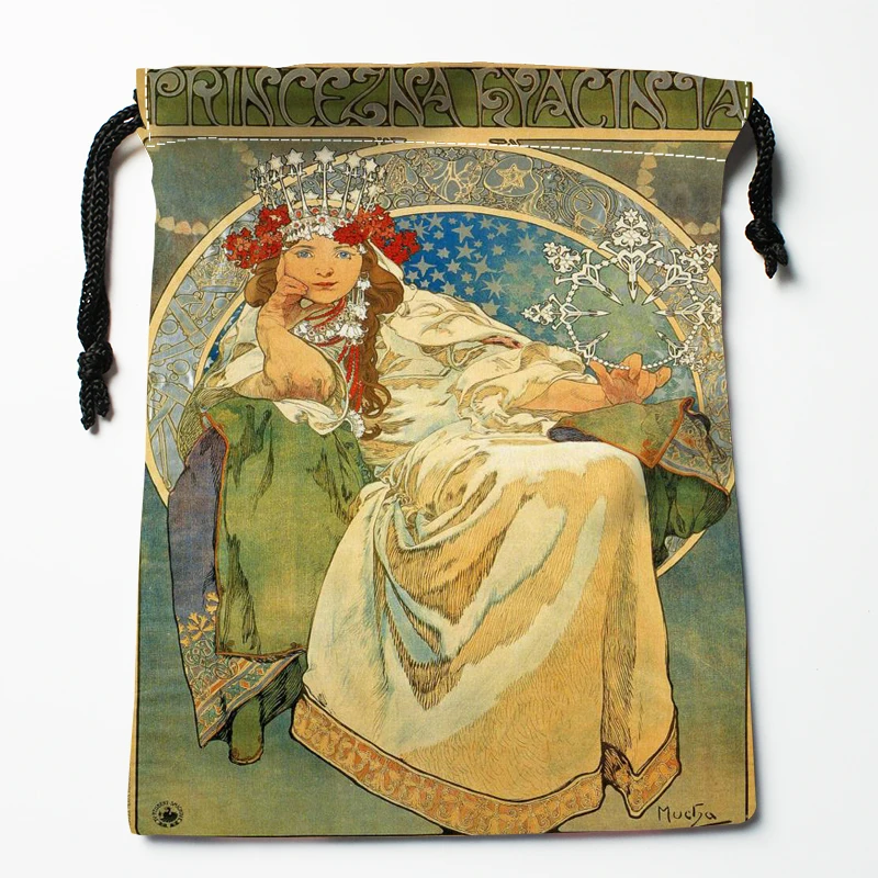 Nuovo arrivo Alphonse Mucha Borse con coulisse Stampa 18X22CM Morbido tessuto di raso Resuable Storage Storage Borsa per vestiti Scarpe Borse