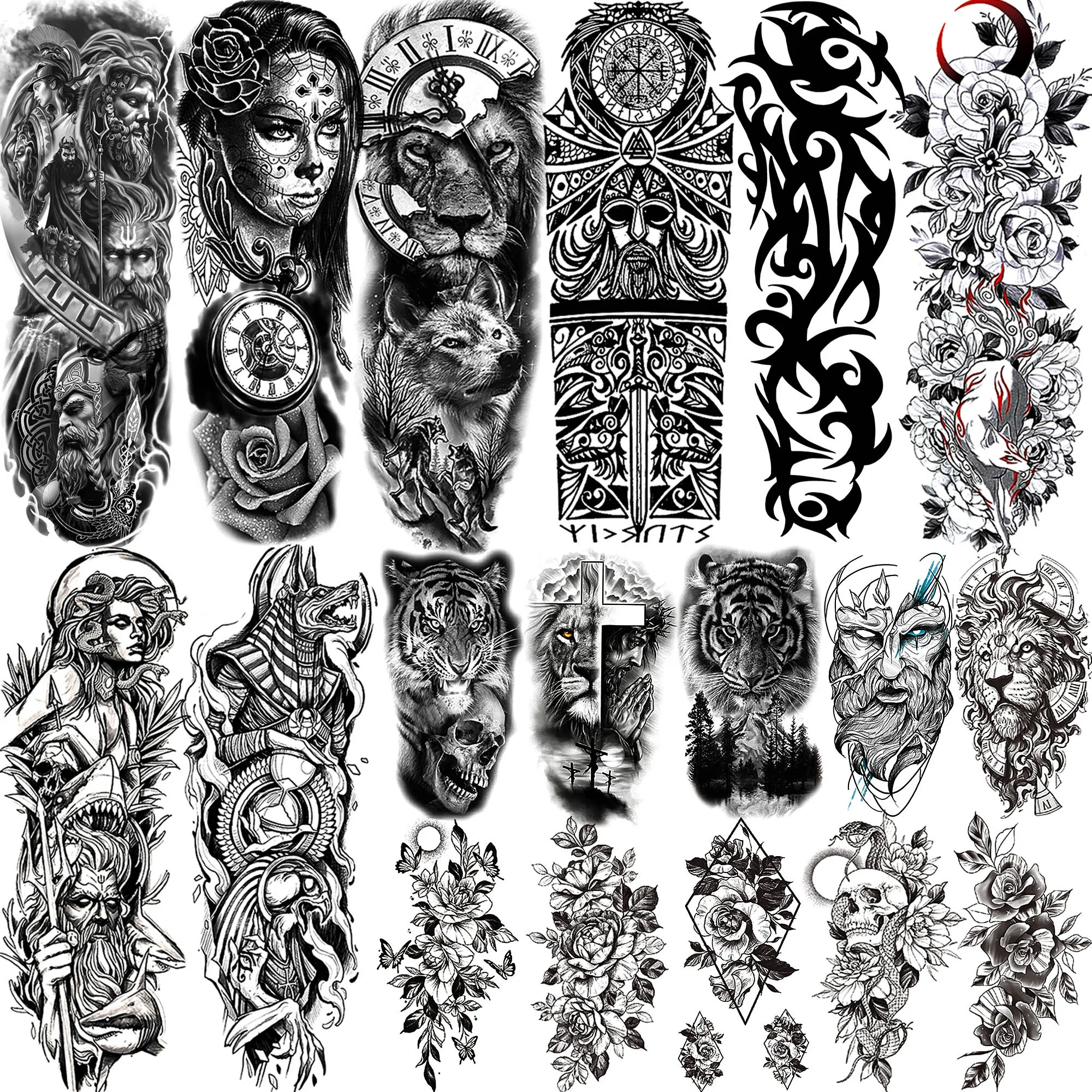 

Full Arm Temporary Tattoos Sleeve For Men Women Realistic Fake Tatoos Warrior Lion Tiger Flower Tatoo Sticker Black Totem Maori