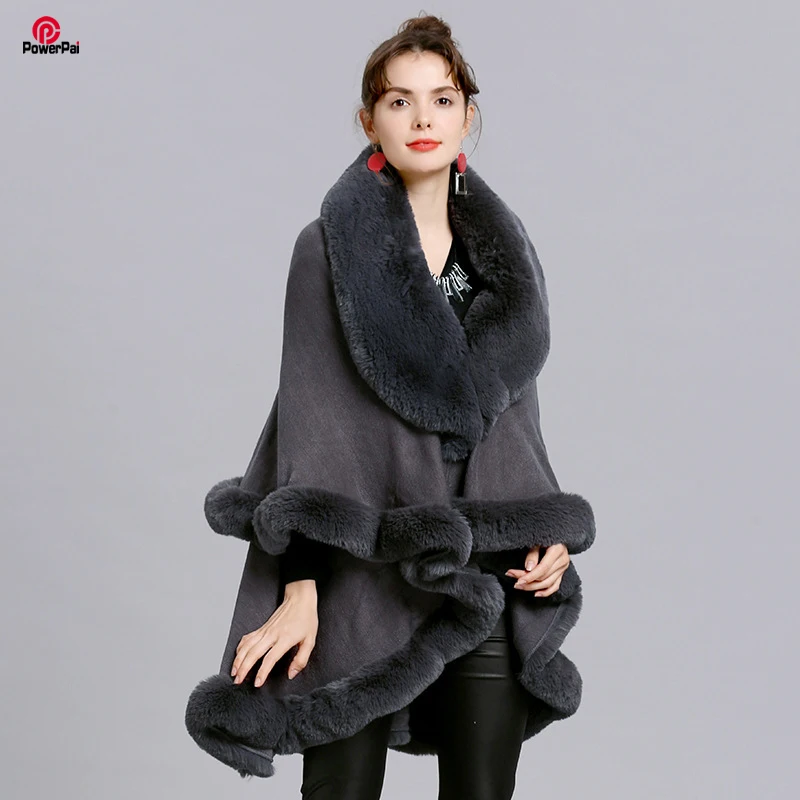 Double Layer Luxury Faux Rabbit Fur Coat Cape Winter Women V Lapel Knit Acrylic Cloak Overcoat Long Thick Cardigan