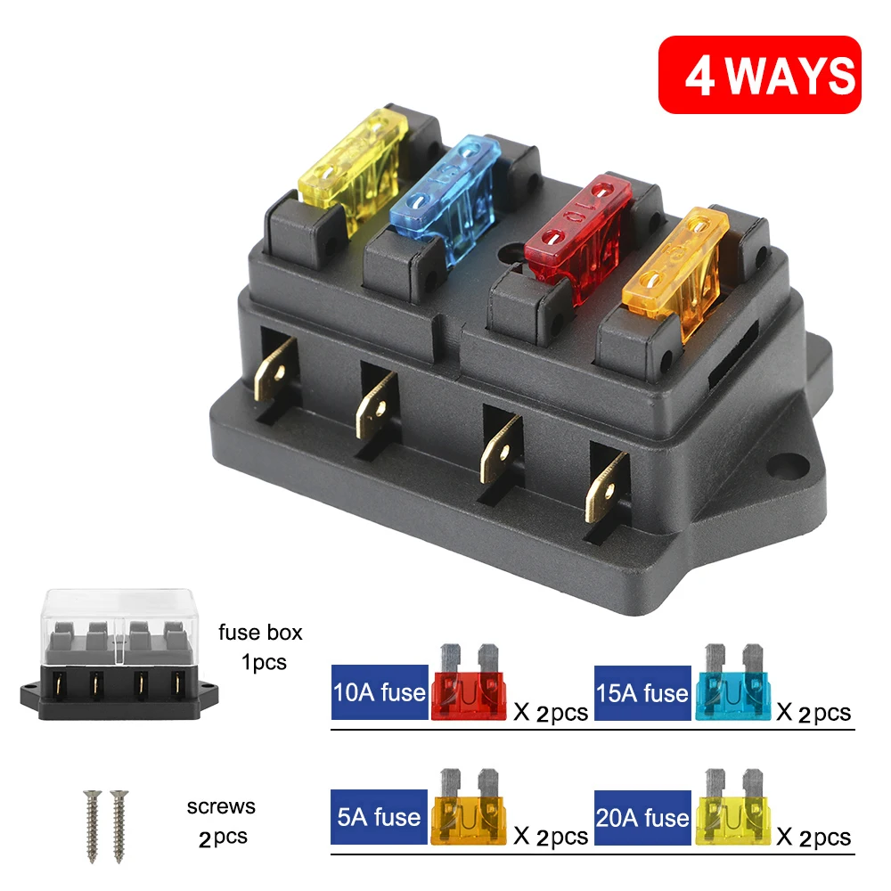 Block & Warning Indicator 4 Ways Blade Fuse Block 12V/24V+4 Way Fuse Fuse Box Holder Plastic Cover For Auto Car Marine Trike