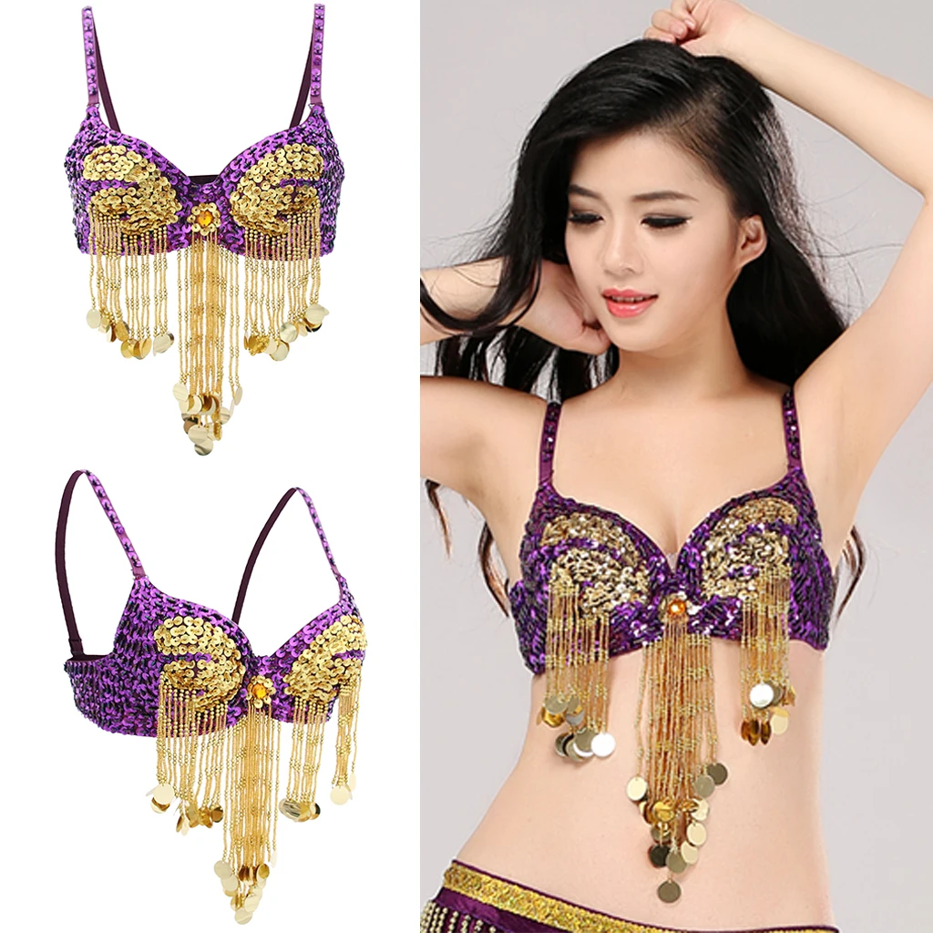 Women Sparkling Sequins Tassels Bra Top Raves Belly Dance Club Wear