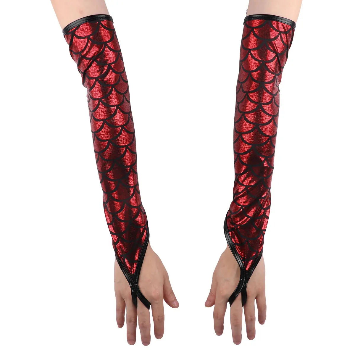 Guantes estampados de escamas de pescado para mujer, longitud del codo, guantes sin dedos metálicos brillantes, disfraz, ropa de baile para Club