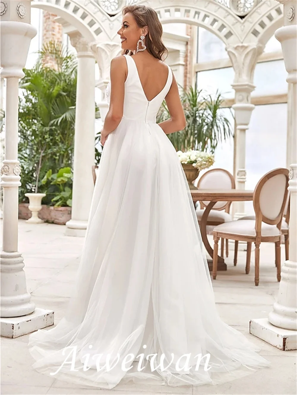 A-Line Wedding Dresses V Neck Sweep / Brush Train Chiffon Lace Tulle Sleeveless Romantic Casual with Lace Ruched Draping 2021