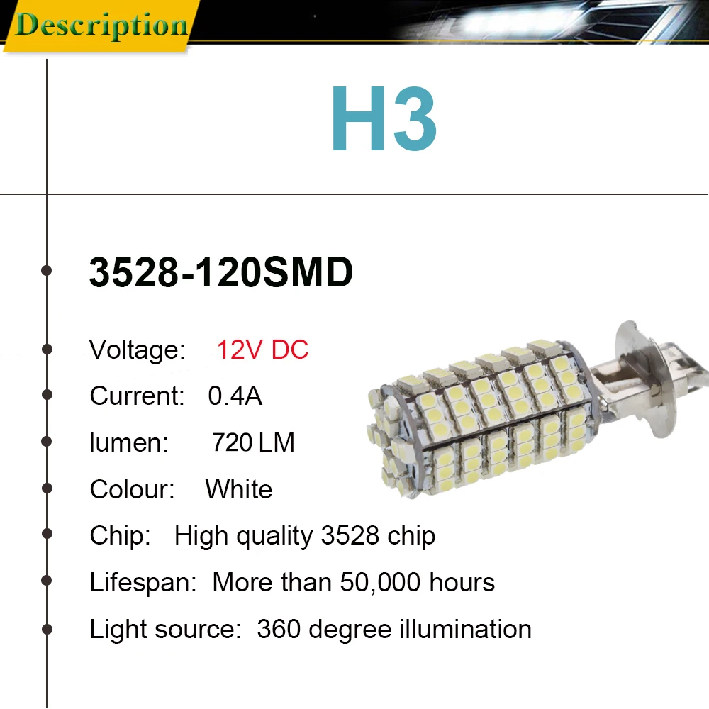 2PCS H3 Led Bulbs Super Bright 120SMD 3528 LED Car Front Fog Light White 6000K Auto Day Running Driving Lamp Automobiles Bulbs