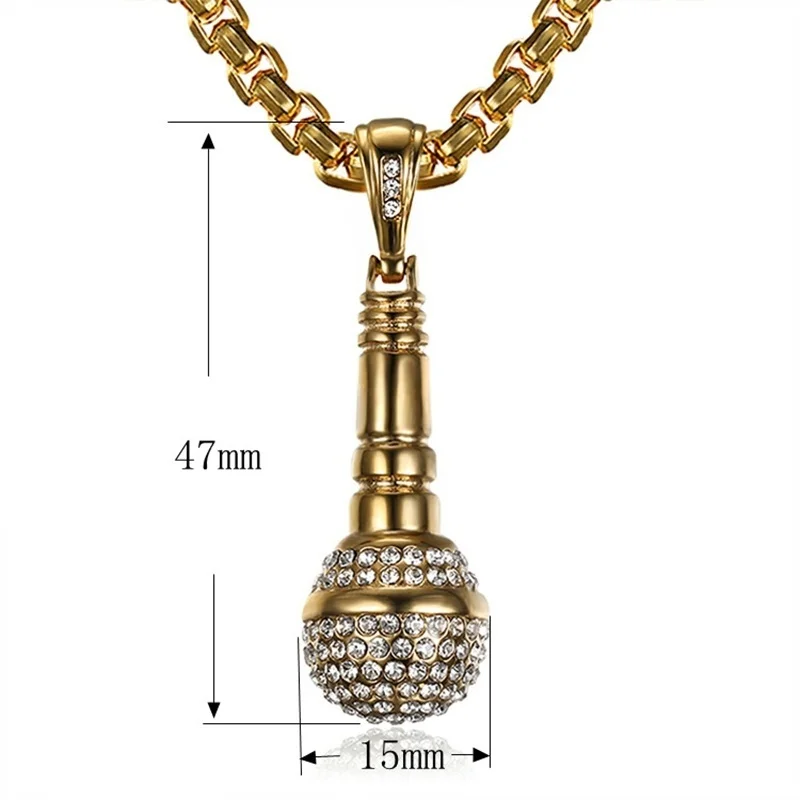 Microphone Men\'s Necklace Hip Hop Rock Inlaid Rhinestone Microphone Metal Pendant Party Men\'s Jewelry Accessories 2 Colors