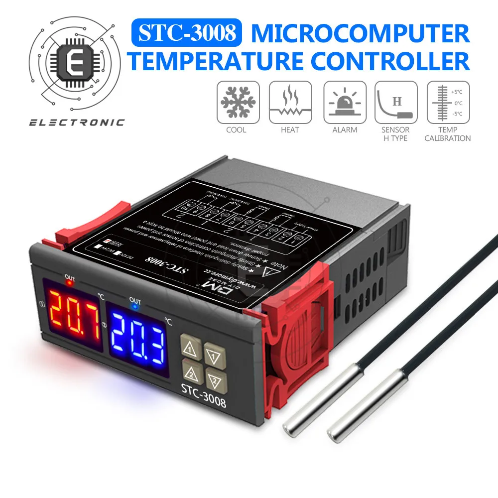 Dual Digital Incubator Thermostat Temperature Controller Two Relay Output Thermoregulator Incubator 10A Heating Cooling STC-3008