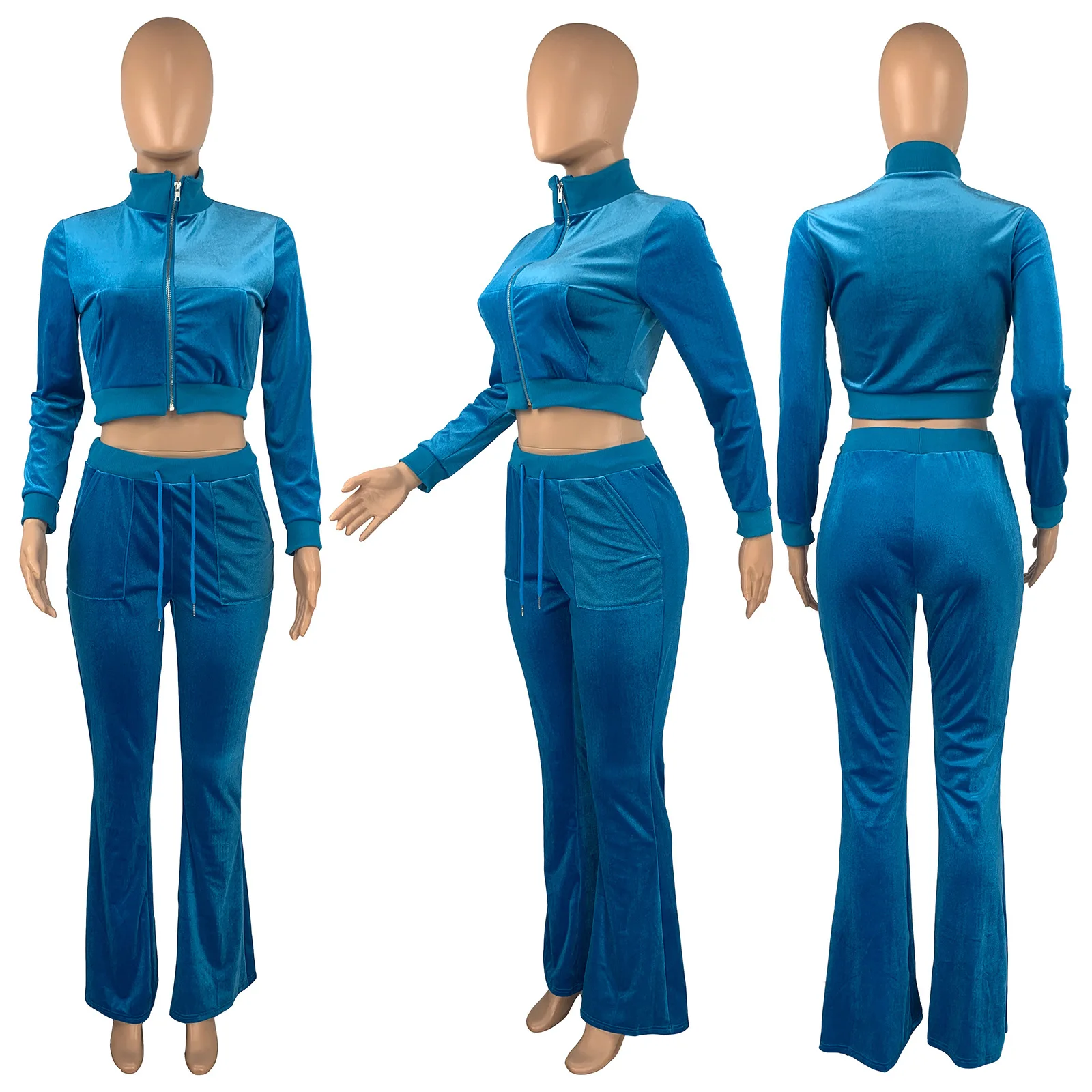 2021 Hot Sale Women Outdoor Casual Sports Solid Velvet Two Piece Set CropTop and Pants Tracksuit Sweatsuit Outfits