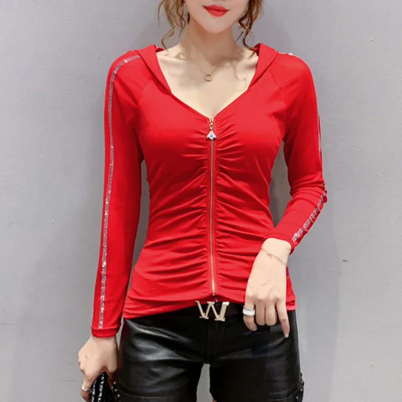 Fall Winter Korean Style Tshirt Chic Sexy Zipper Hooded Mesh Long Sleeve Dimonds Cotton Tops Camiseta Mujer Tees New T00509A