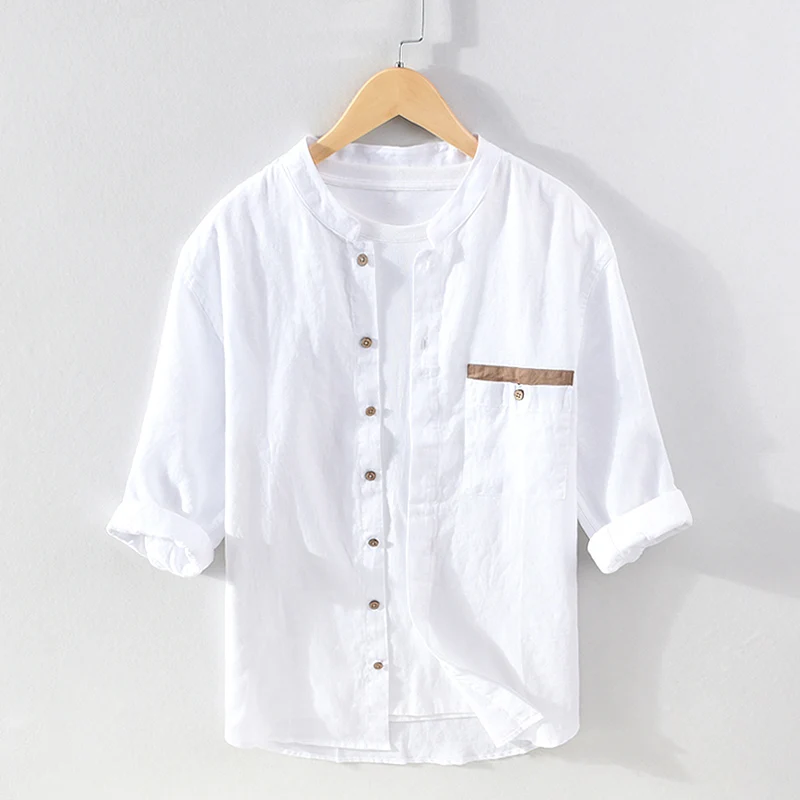 

100% лен, новая итальянская модная брендовая рубашка с воротником-стойкой для мужчин, повседневные удобные рубашки, мужские однотонные топы, мужская одежда camisa