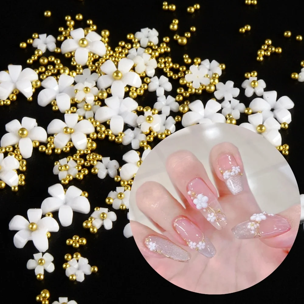 

2g White Acrylic Flower Nail Art Decoration Mixed Size Rhinestones Gold Silver Gem Manicure Tool Accessories DIY Nails Design