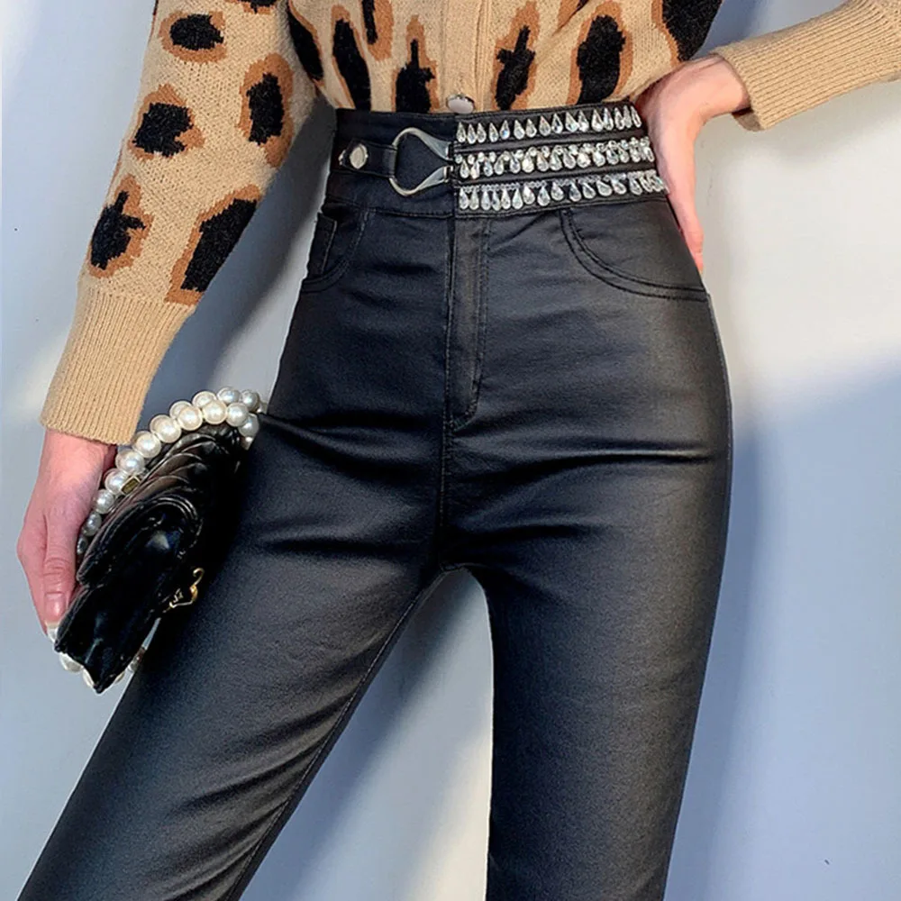 2022 New Women Pants Fashion Rhinestone PU Leather Trousers  High Waist Skinny Pencil Pants Faux Leather female pants