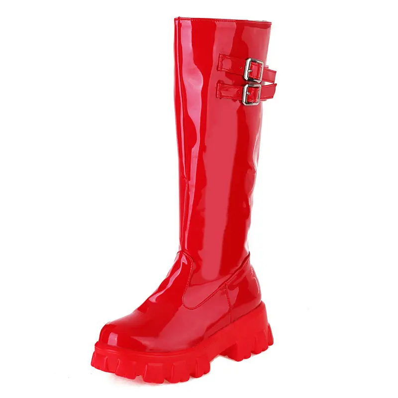 2021 women knee high boots platform square heel ladies Thick soled boots patent PU leather round toe zipper boots red white blac