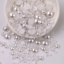 Perles demi-rondes à dos plat, blanches et argentées de 3 à 10mm, 240 pièces/sac, accessoires colorés en résine ABS, perles d'imitation de décoration pour Nail Art