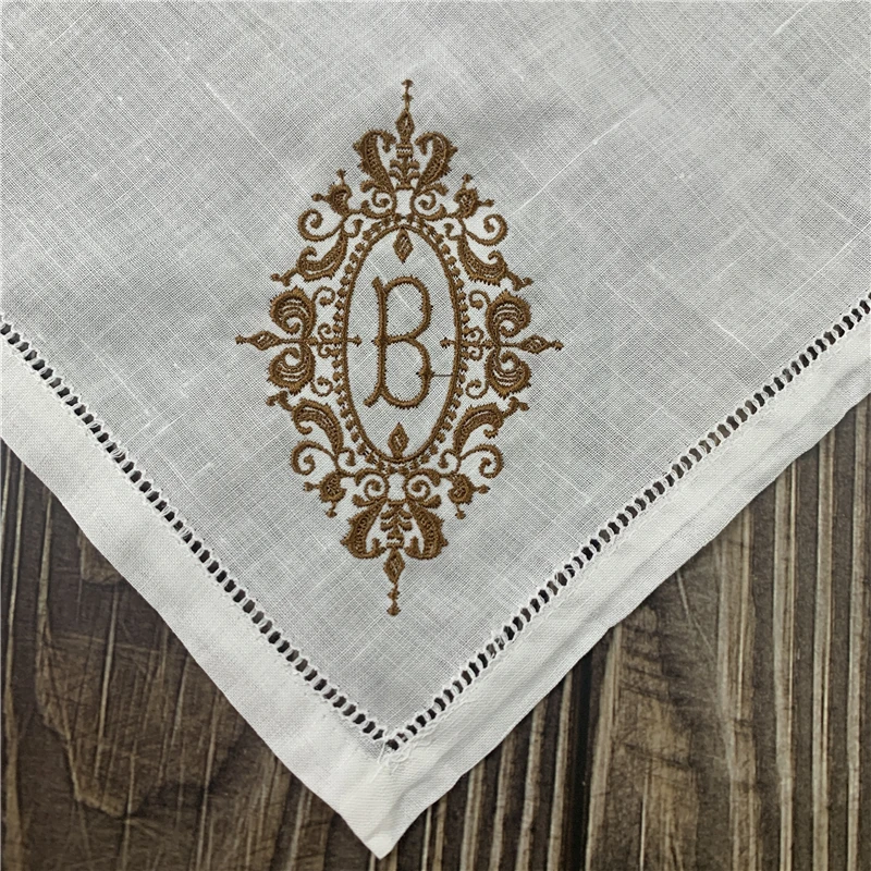 12 PCS Monogrammed Handkerchiefs White Pure Ramie Fabric Hankies Hemstitched Border / Plain Classic High Quality 13X13-Inch