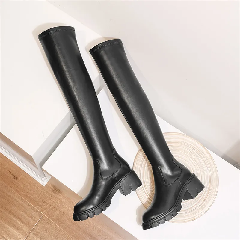 Meotina Winter Thigh High Boots Women Natural Genuine Leather Thick High Heel Over The Knee Boots Slim Stretch Shoes Lady Autumn