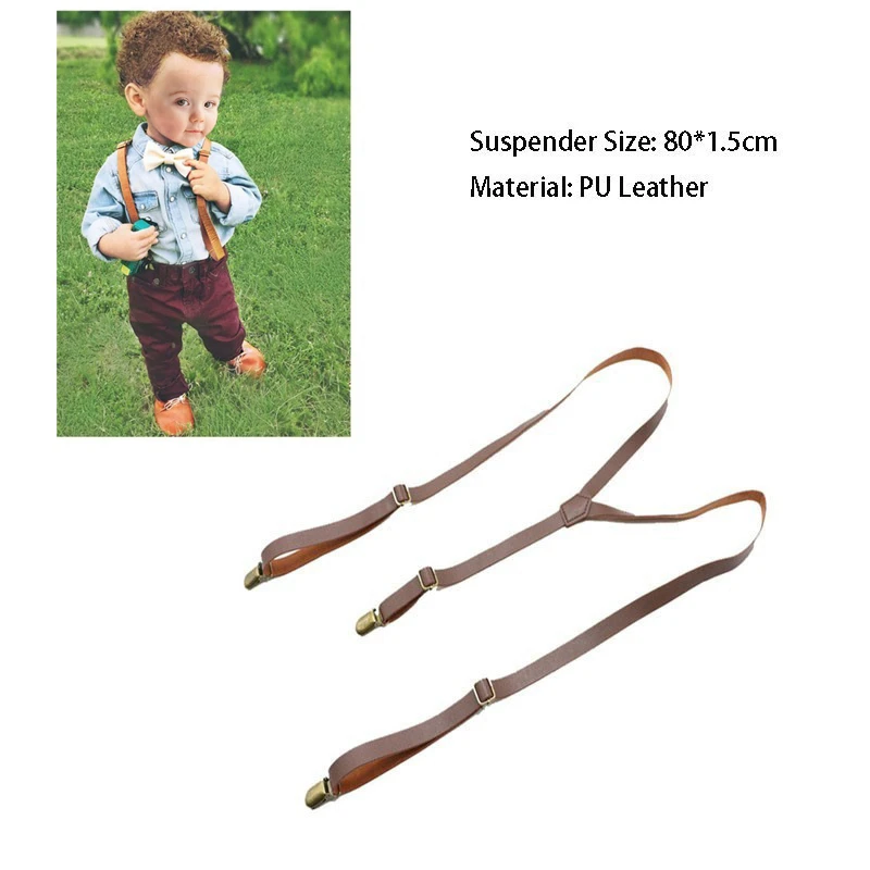 Kids PU Leather Suspenders Adjustable Bronze Clips Buckle Matching Tuxedo Suit Unisex Boy Girl Wedding Y-Back Brace Belt