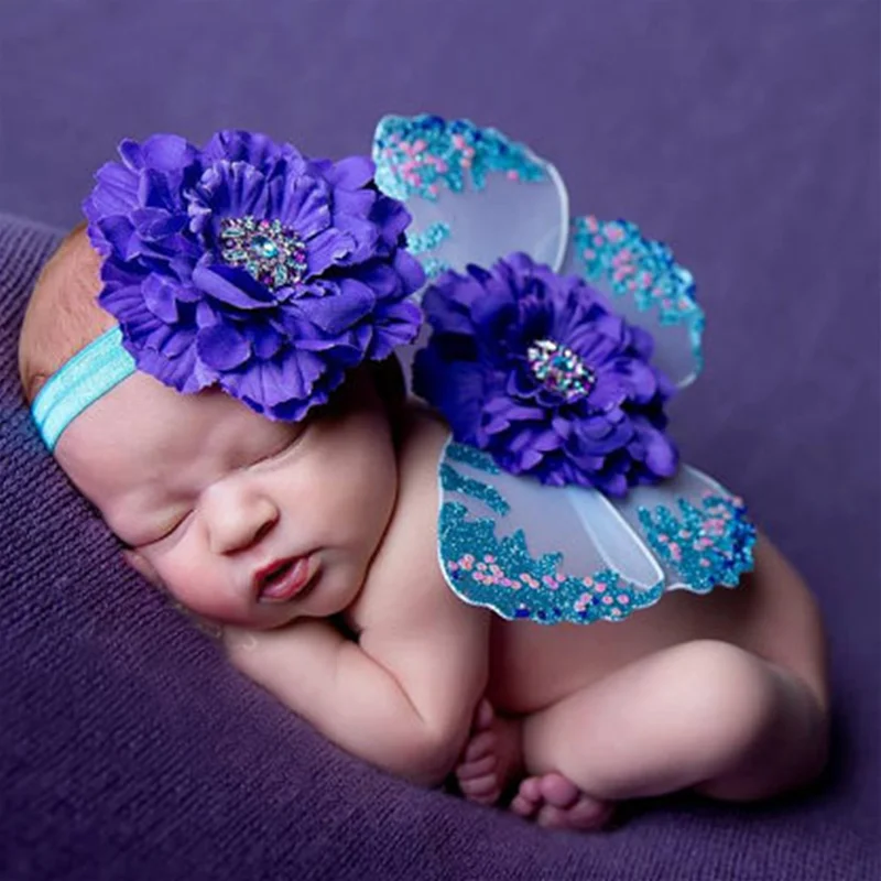 Newborn Photography Props Cute Butterfly wings+Big Flower Diamond Baby Headdress Studio Babies Shooting Photo Prop Accessories