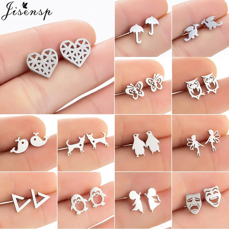 Lovely Animal Stainless Steel Earings Fashion Jewelry 2022 Penguin Umbrella Butterfly Dinosaur Stud Earrings Girls Birthday Gift