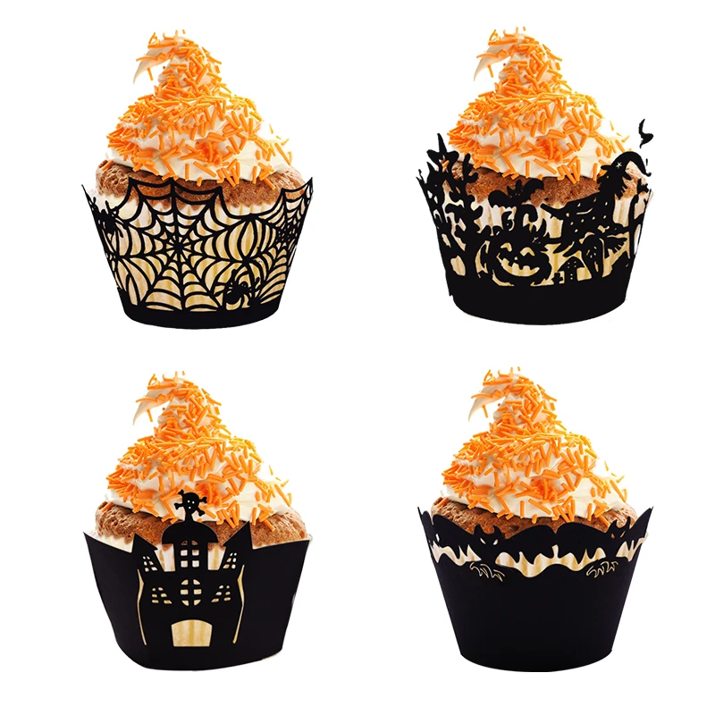 25Pcs Halloween Cupcake Wrapper Baking Cup Hollow Out Paper Cake Wrapper Witch Spiderweb Castle Halloween Decoration