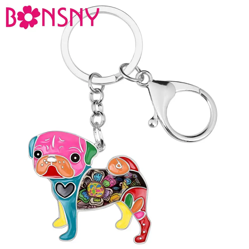 Bonsny Enamel Pug Dog Key Chains For Women bag Pendant Keychain Key Ring Car Accessories 2018 New Charms Fashion Jewelry Gifts