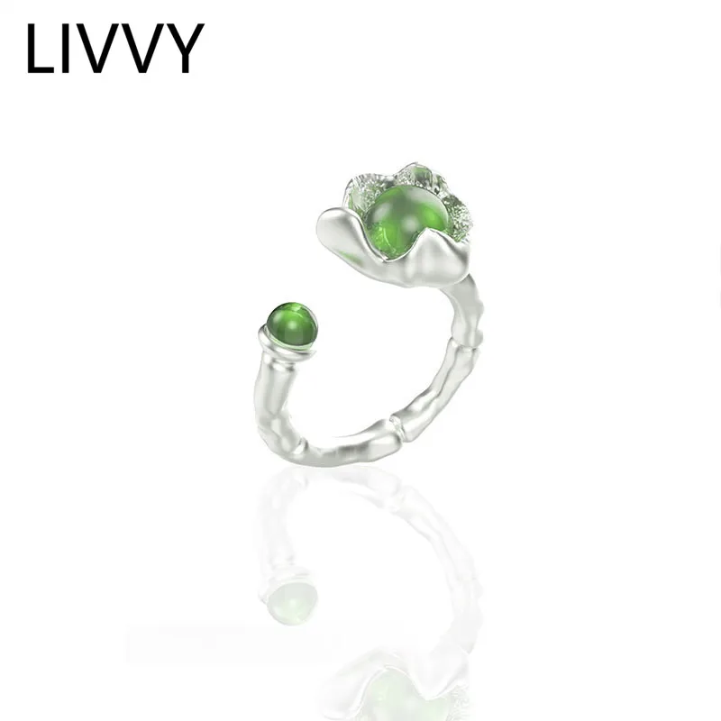 

Silver Color New Fashion Creation Irregular Adjustable Ring for Women Double Round Green Stone Light Luxury High Quality Jewelry