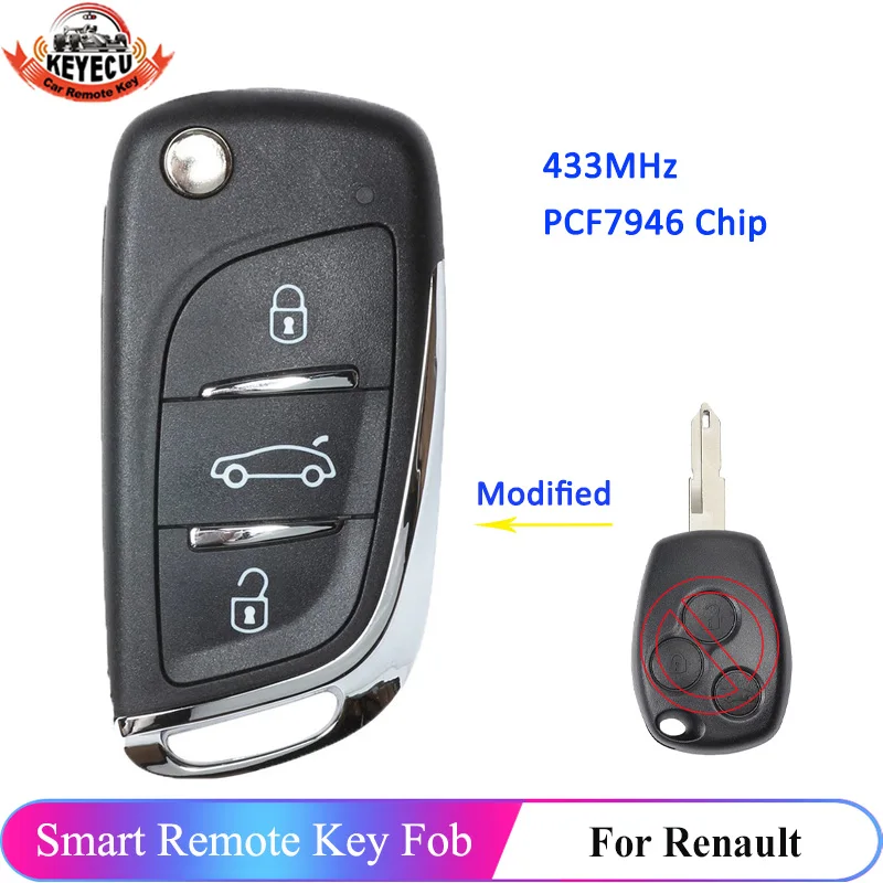 

KEYECU 3 Button 433MHz PCF7946 Chip Upgraded Flip Remote Car Key Fob for Renault Master Kangoo Traffic Clio Kangoo II 2006-2010