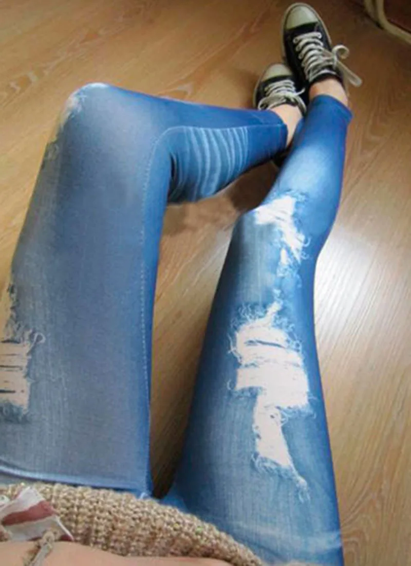 Women Ripped Denim Jean Look Skinny Leggings Slim Jeggings Trousers Blue Black