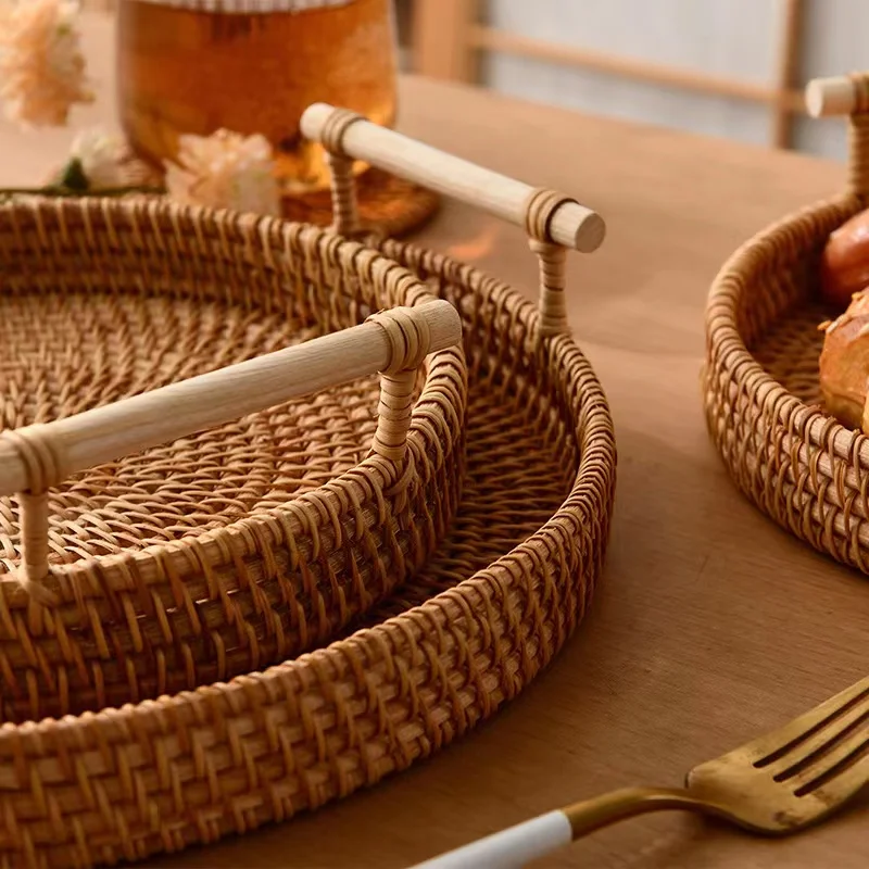 Rattan Storage Baskets with Handle Woven Organizer Storage Boxes Severing Tray Food Sharing Decoration Plate Kitchen Accessories