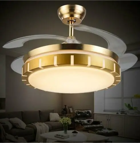 Gold 42" Ceiling Fans 3-Color LED Light Chandelier Lamp with Remote Control Invisible Acrylic Fan Blades Retractable Chandelier